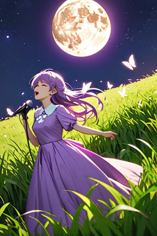 A beautiful girl wearing a purple dress adorned with white butterflies, singing under the moon on the field of grass