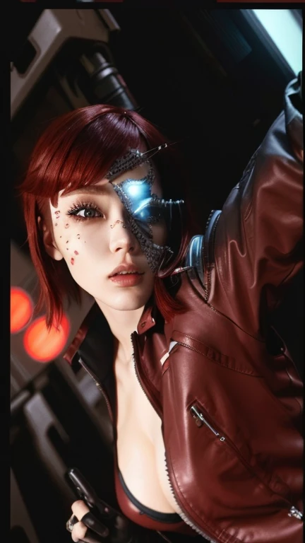There is a woman with red hair and a leather jacket, Inspired by Ayami Kojima, perfect anime cyborg woman, cyberpunk anime girl, chica cyborg, beautiful cyborg girl, female cyberpunk anime girl, the cyberpunk girl portrait, japanese cyborg, perfect cyborg woman, digital cyberpunk - anime art, Cyborg - girl, cyberpunk girl, Judy Alvarez Cyberpunk, cyberpunk beautiful girl