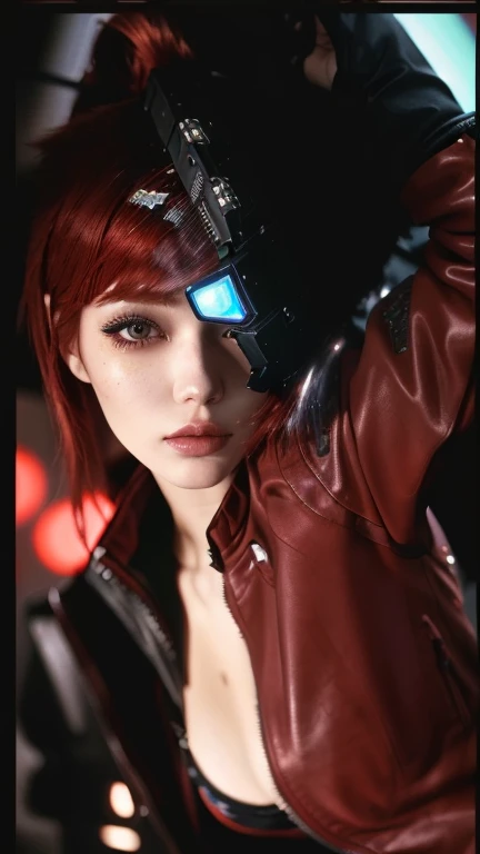 There is a woman with red hair and a leather jacket, Inspired by Ayami Kojima, perfect anime cyborg woman, cyberpunk anime girl, chica cyborg, beautiful cyborg girl, female cyberpunk anime girl, the cyberpunk girl portrait, japanese cyborg, perfect cyborg woman, digital cyberpunk - anime art, Cyborg - girl, cyberpunk girl, Judy Alvarez Cyberpunk, cyberpunk beautiful girl