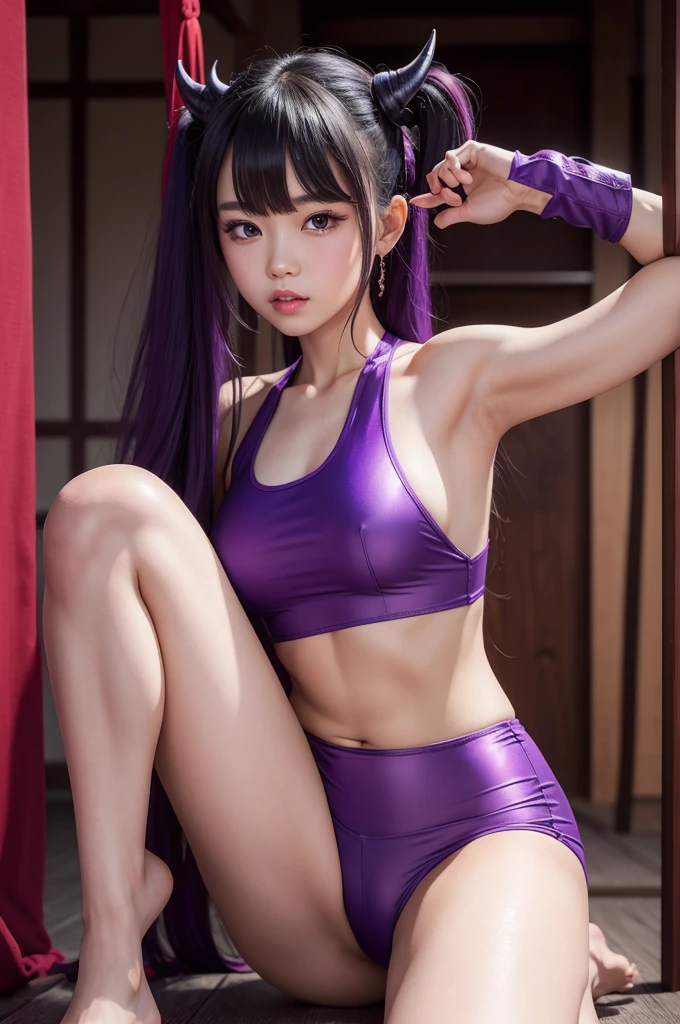 beautiful demon girl fighter asian clothes in a dojo purple skin