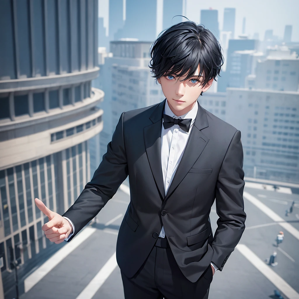 1boy, short black hair, light blue eyes, wearing all black suits, on top of a building, high res, ultrasharp, 8k, masterpiece, looking at viewer from behind