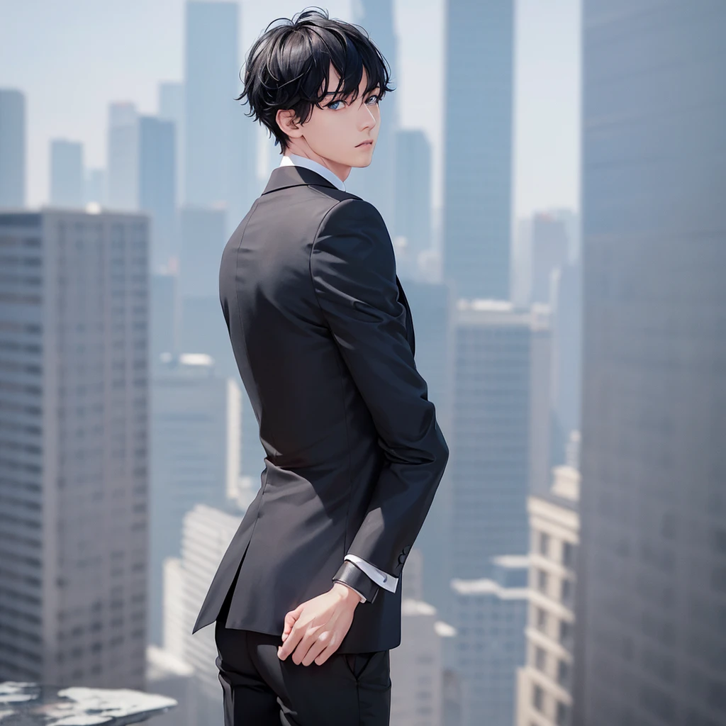 1boy, short black hair, light blue eyes, wearing all black suits, on top of a building, high res, ultrasharp, 8k, masterpiece, looking at viewer from behind