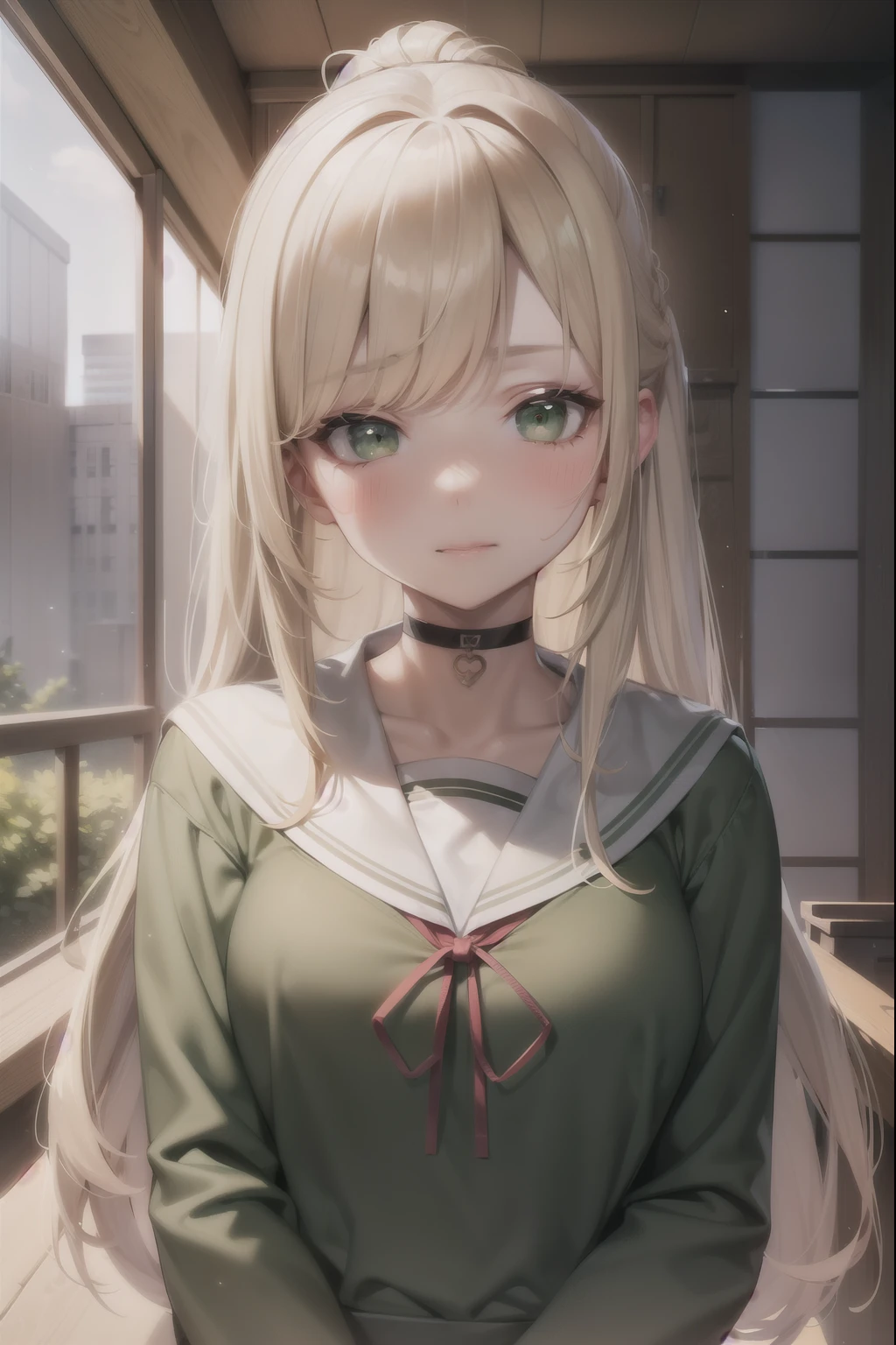 Blonde Hair, choker,(Green Eyes:1.5), Long Hair, high school student,Japanese school gym uniform,blush, blush stickers, Have,break looking at viewer, break outdoors, city, break (masterpiece:1.2), highest quality, High resolution, Unity 8k, (Beautiful fine details:1.6), Highly detailed face, Perfect lighting, Highly detailed CG, (Perfect hands, Perfect Anatomy),(Blush all over face, Embarrassing)
