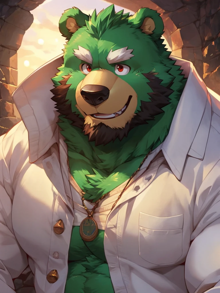 anthro, kemono, male, solo, ((round face, very plump face, thick beard)), ((endomorph body type, old-aged)), (adventure costume), ((green bear, bear) fluffy fur, fluffy), (at old ruin, dungeons), bokeh, (high quality, highres, masterpiece), (dynamic lighting, vivid color), (generous smile), (face focus), front view (close up), cartoon, (((green bear))), (((green fur))), green hair, beard, white eyebrows, bald, detailed red eyes, tall, Joyful, (black t-shirt inside), (((white unhooded trench coat ))), by zixiong, by takemoto arashi, by zixiong, (by null-ghost:0.8), (by t.y.stars:0.4), white belly, close shot, large pectorals,
