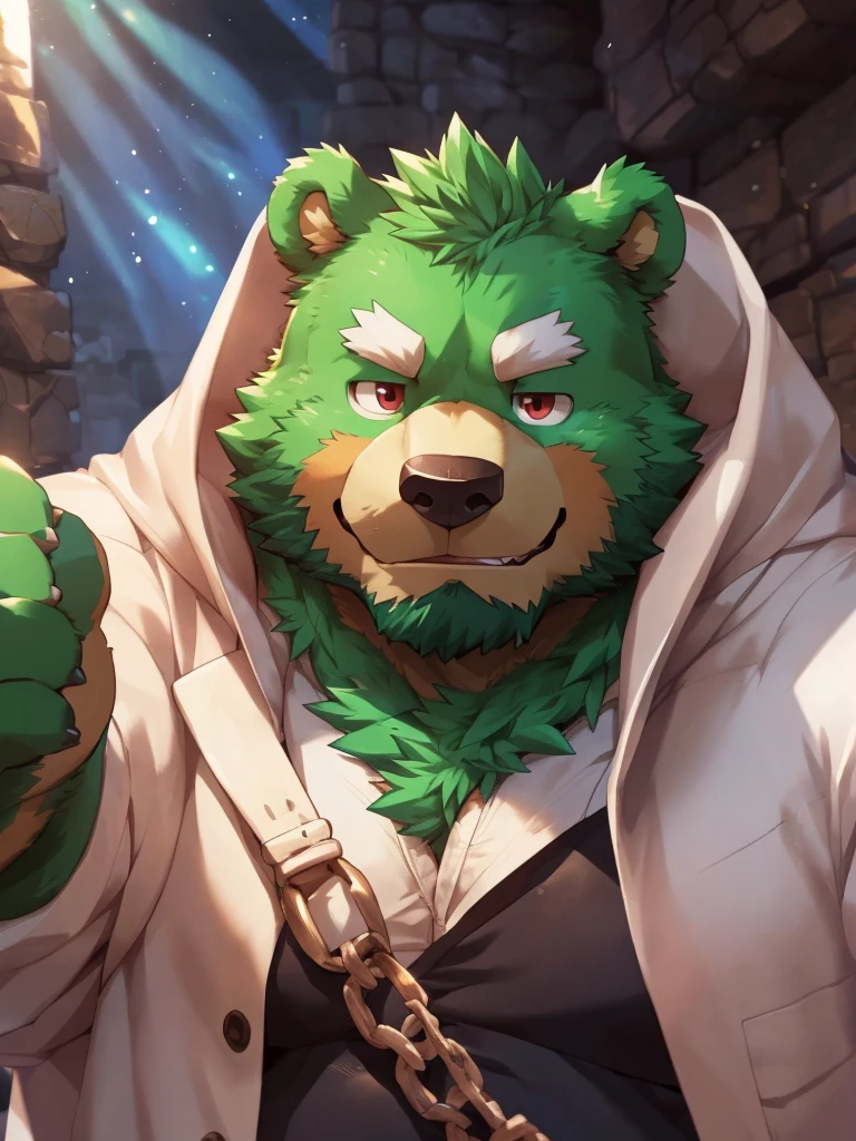 anthro, kemono, male, solo, ((round face, very plump face, thick beard)), ((endomorph body type, old-aged)), (adventure costume), ((green bear, bear) fluffy fur, fluffy), (at old ruin, dungeons), bokeh, (high quality, highres, masterpiece), (dynamic lighting, vivid color), (generous smile), (face focus), front view (close up), cartoon, (((green bear))), (((green fur))), green hair, beard, white eyebrows, bald, detailed red eyes, tall, Joyful, (black t-shirt inside), (((white unhooded trench coat ))), by zixiong, by takemoto arashi, by zixiong, (by null-ghost:0.8), (by t.y.stars:0.4), white belly, close shot, large pectorals,