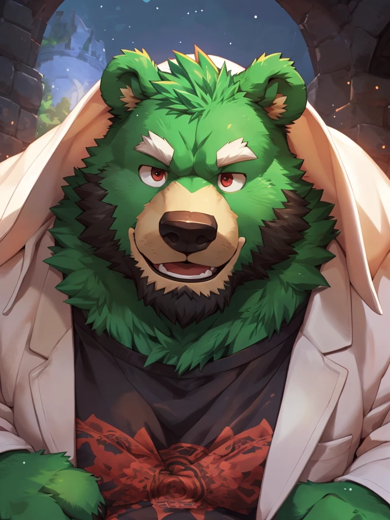 anthro, kemono, male, solo, ((round face, very plump face, thick beard)), ((endomorph body type, old-aged)), (adventure costume), ((green bear, bear) fluffy fur, fluffy), (at old ruin, dungeons), bokeh, (high quality, highres, masterpiece), (dynamic lighting, vivid color), (generous smile), (face focus), front view (close up), cartoon, (((green bear))), (((green fur))), green hair, beard, white eyebrows, bald, detailed red eyes, tall, Joyful, (black t-shirt inside), (((white unhooded trench coat ))), by zixiong, by takemoto arashi, by zixiong, (by null-ghost:0.8), (by t.y.stars:0.4), white belly, close shot, large pectorals,
