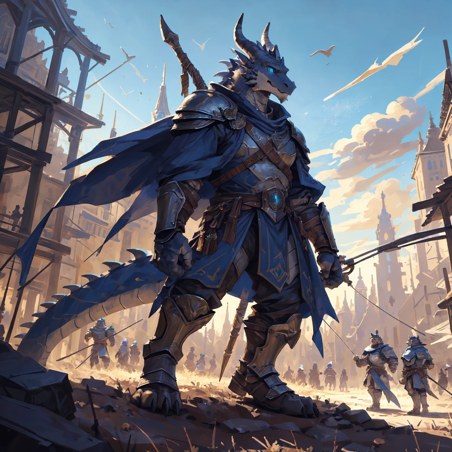((middle Ages:1.3,Range background:1.5)),Royal Family:1.2,((Heavy Crossbowman:1.6,Heavy Crossbow:1.5)),((sunny:1.4)),high resolution,4K,(((whole body:1.1,Strike a pose:1.5))),masterpiece,high quality,((dragon)),male,dragonFurry,(teenager:1.3),hairy,((Heroic and Calm:1.4)),(((Slender face:1.2,Lean:1.2,Long legs:1.3,Thick dragon tail:1.2))),(((Gray head:1.2,Blue pupils:1.2,neck:1.3,Gray Hands:1.4,muscle:1.3))),(((White Armor:1.3,There is a blue flag on the armor:1.4))),Exquisite eyes,Detailed body,Detailed hands,Detailed feet,Kenket's Art