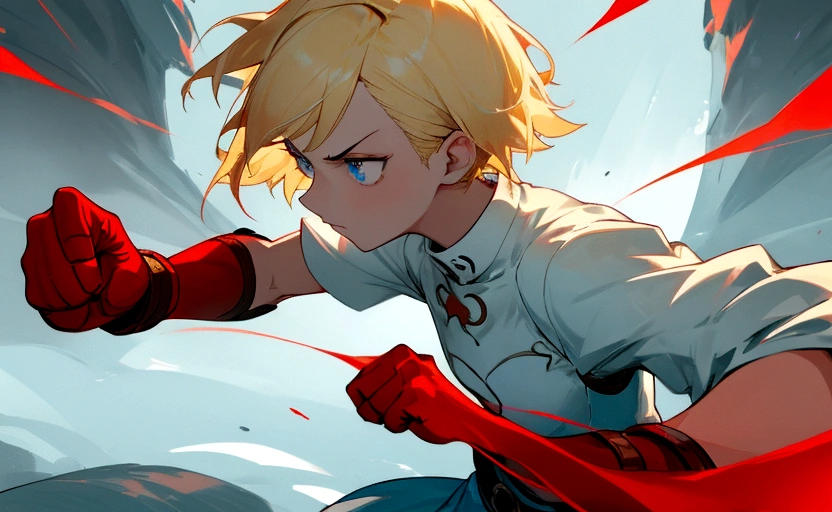 A woman with short blonde hair, fighting-like clothing, a red aura around her, light blue eyes, and a raised fist.