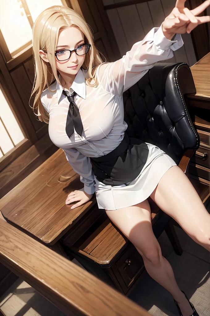 Masterpiece, 最high quality, high quality, High resolution, high quality texture, high quality shadows, High resolution, Beautiful details, Detailed CG, Detailed Texture, Realistic representation of face, Realistic, colorful, delicate, Cinematic Light, Side light, Lens flare, Ray Tracing, sharp concentrated, (1 Girl,concentrated:1.3), ( Intricate details, compensate, PureErosFaceV1:0.5), (細部まで美しいdelicateな顔, 緻密で美しいdelicateな瞳, Perfect Facial Proportions, Dense skin, Optimal ratio of four fingers to one thumb,Unified 8k wallpaper, Arms under chest, Modest chest, Wide Hips, Smooth upper abdomen, 35 years old, blue eyes, glasses, air fortress hair, blonde hair, house wife, the gaze of true love, lips of temptation, A look full of compassion ,a smile full of love, i love you, Acting lovey-dovey, I love you so much I'm crazy,
cabin attendant uniform,white blouse,tight fitting black skirt,black stockings, excellent secretary ,working as a secretary, wooden desk, wooden chair