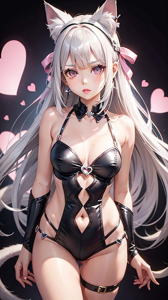Silver hair, pink brown eyes, body, cat ears, girl, earrings, heart background fantasy, princess, godly, hair bows
