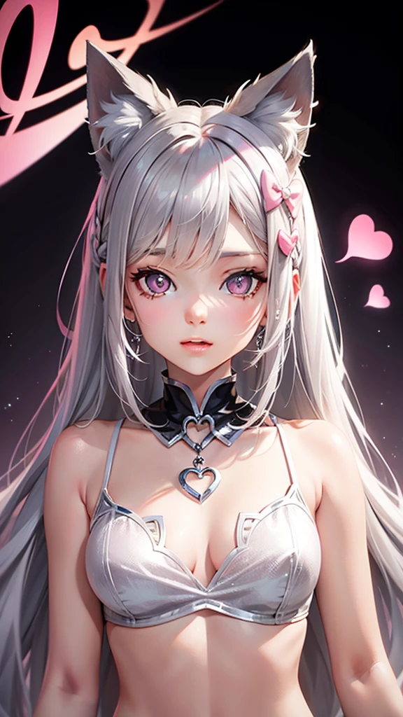 Silver hair, pink brown eyes, body, cat ears, girl, earrings, heart background fantasy, princess, godly, hair bows