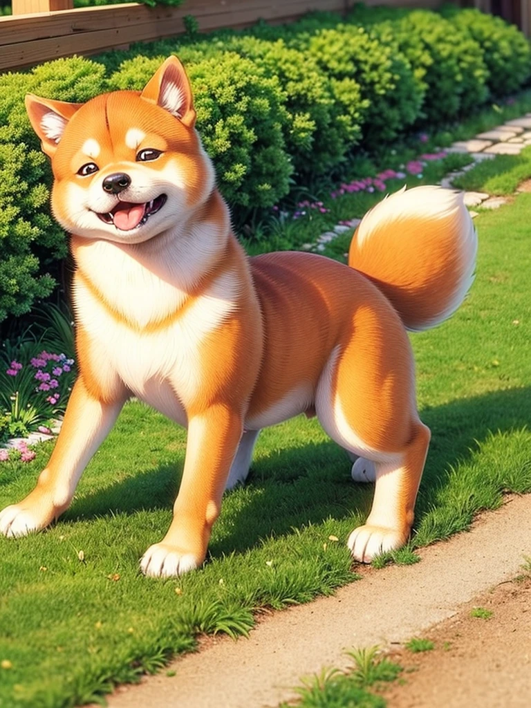 Highest Resolution,Highest quality,Shiba Inu,可愛いShiba Inu,Fluffy,smile,Drooling,Dripping saliva,Overflowing saliva,Iyashiba dog,garden,doghouse,grass,