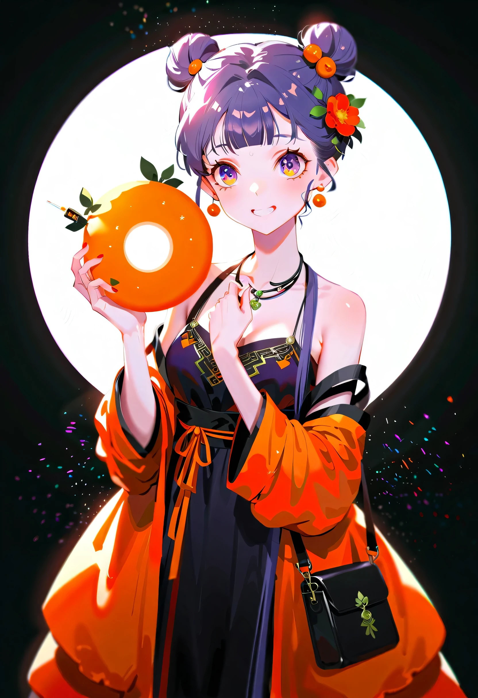 Purple hair girl painting、Glass mandarin orange earrings decorate both ears、Eye color: Ocean pink purple、Space Eyes、Inside the room、(((Giant orange shaped cushion)))、((Hugging on a cushion))、Sit down, long hair、Bun Hair、Cool and complicated, Hand holding sliced orange, A very happy expression with plenty of orange juice、((The syringe contains orange juice))、Very embarrassed、The best smile、Open your mouth wide、Grin、Eyes closed、((Purple and black dress))、((Syringe Shoulder Bag)), Fun and lively characters, close( Perfect Anatomy )、Beautiful, translucent white skin、A purple dress slightly damp with sweat、Underwear is visible、quality\(8K,Highly detailed CG unit wallpaper, masterpiece,High resolution,top-quality,top-quality real texture skin,Super two-dimensional,Increase the resolution,RAW Photos,highest quality,Very detailed,wallpaper,Ray-tracing,Golden Ratio\),[Browsing Caution]、White and orange theme、Everything is orange except for the outfit, hairstyle, and eye color.、barefoot,Love Hotel