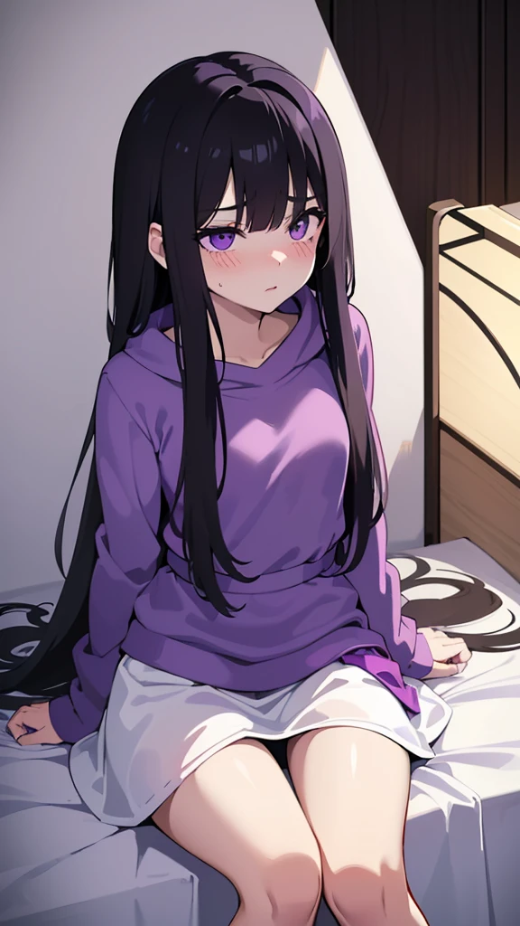 age girl ((slim))((small stature)) ((White skin)) ((purple eyes)) ((black hair, long, emo on one eye)) ((Shy and blushing)) ((the plan)) ((small breasts)) ((small hips)) ((lying in bed with long, loose sweatshirt)) ((long skirt))
