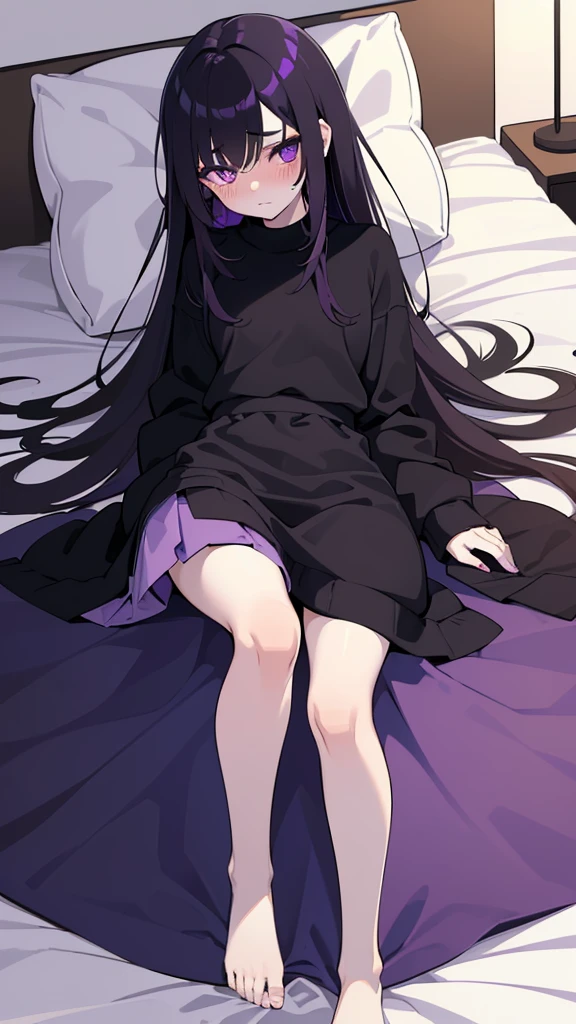Teenage girl ((slim))((small stature)) ((White skin)) ((purple eyes)) ((black hair, long, emo on one eye)) ((Shy and blushing)) ((the plan)) ((small breasts)) ((small hips)) ((lying in bed with long, loose sweatshirt)) ((long skirt))