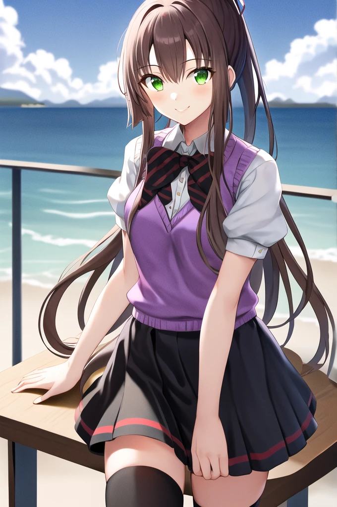 masterpiece, Highest quality, ltra-detailed, Details,One girl,alone,Brown Hair,Long Hair,ponytail, Hair Ribbon, Green Eyes,Purple vest, bow tie,Purple knee socks, Outdoor,Skyline,Cafe with an ocean view、Strawberry Parfait、The best smile、Wooden Cafe、blue sea、Sitting、Gazing at the Sea、striped bowtie sweater vest white shirt short sleeves black skirt black thighhighs
kirasaka sayaka