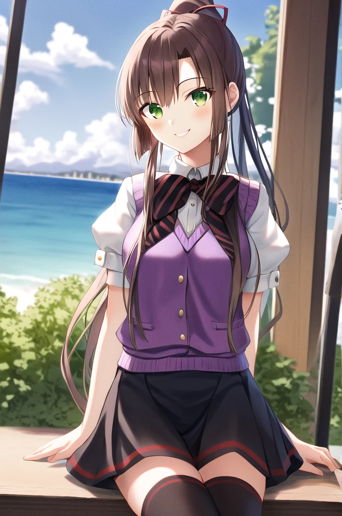 masterpiece, Highest quality, ltra-detailed, Details,One girl,alone,Brown Hair,Long Hair,ponytail, Hair Ribbon, Green Eyes,Purple vest, bow tie,Purple knee socks, Outdoor,Skyline,Cafe with an ocean view、Strawberry Parfait、The best smile、Wooden Cafe、blue sea、Sitting、Gazing at the Sea、striped bowtie sweater vest white shirt short sleeves black skirt black thighhighs
kirasaka sayaka