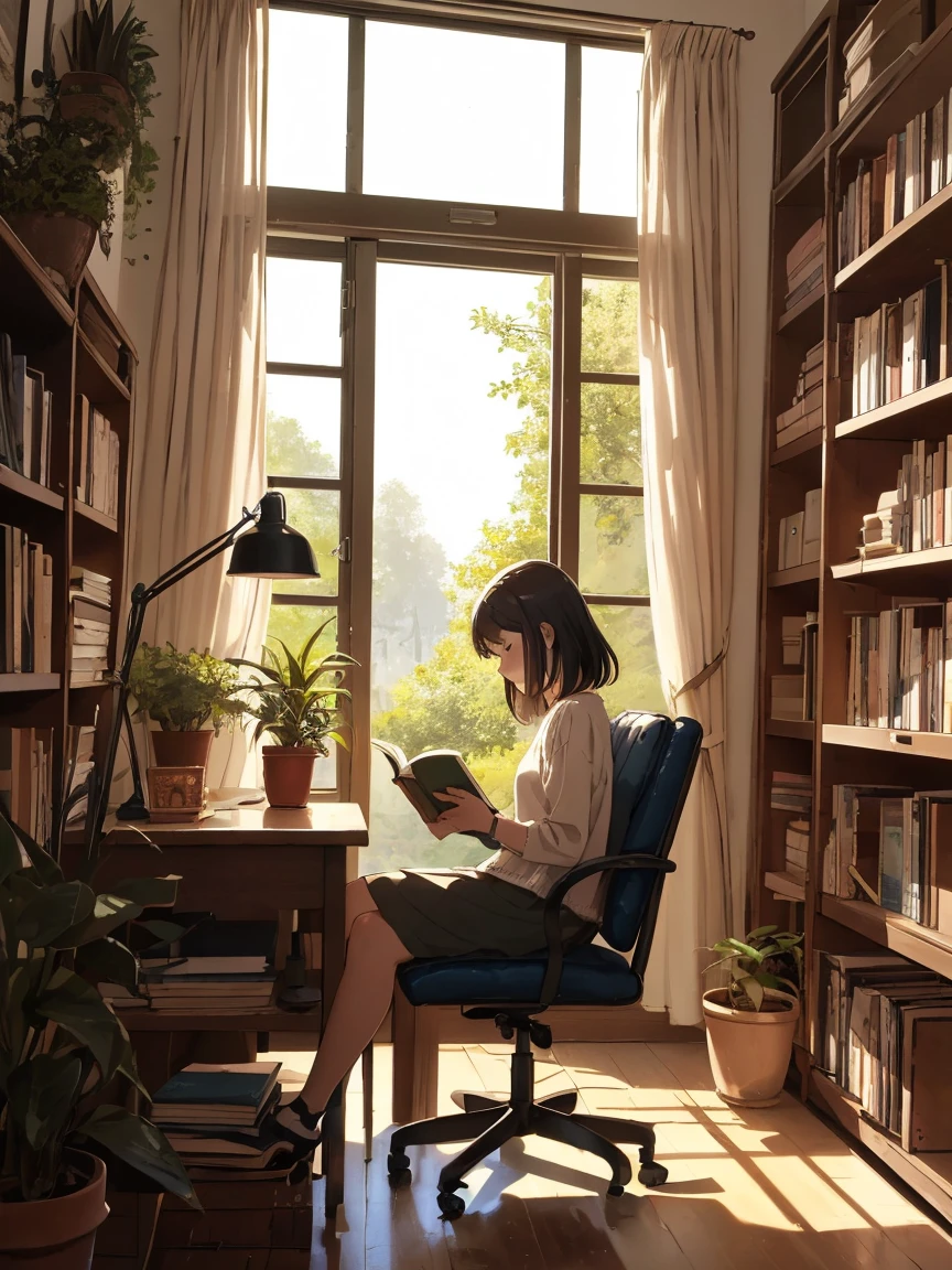 (there is a woman sitting in a chair reading a book, lofi-girl), Study desk,table light,book,bookshelves,potted,a plant, Loepfe Art Style, lofi art, Compliment girls' aesthetics, Lo-Fi illustration style, animeaesthetic, Anime background art, studying in a brightly lit room, Ghibli background style, Yuru Chara style,cute storybook illustration, , gentlesoftlighting, cream, Giorgio Morandi Colors, thick line graph, full-colour illustration, forest picnic, cover illustration,dabai style, (lamplight:1.0),tmasterpiece,Best quality at best,