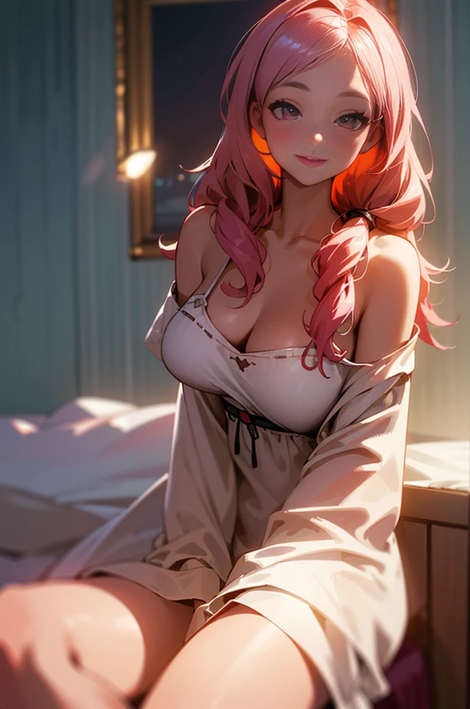 best qualtiy，tmasterpiece，A high resolution，1girl，Printed nightdress，Silk nightdress，Silk nightdress，hair adornment，beautiful  face，Red high-gloss lipstick，Physically，Bigboobs，crisp breasts，Sitting on the bedside，sitted，Dingdall effect，realisticlying，Dark Studio，edge lit，twotonelighting，（highdetailskin：1.2），8K Ultra HD， Digital SLR, softlighting, high high quality, volumettic light, sneak shot, photore, A high resolution, 4K, 8K, Background bokeh,((smilling))
