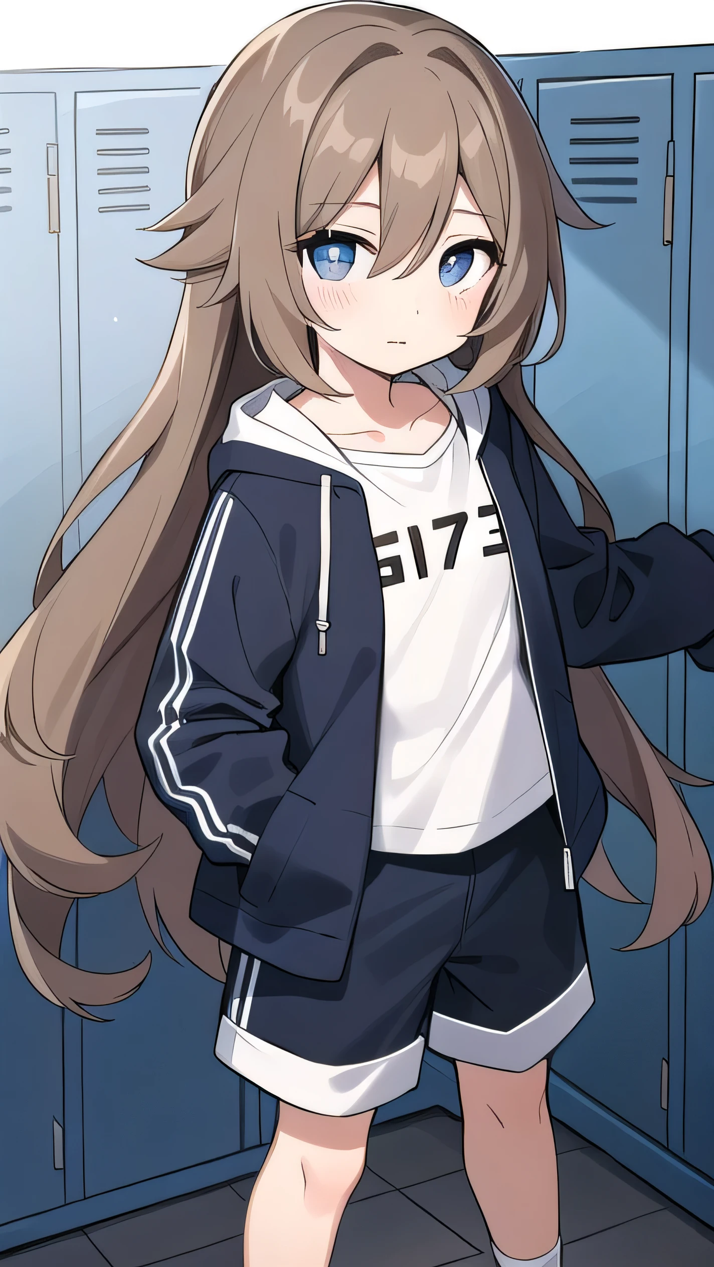 Girl, ( light brown hair :1.5), (black eyes:1.1), (big eyes: 1.1), (sagging eyes: 1.5), (very long hair:1.1), hair between eyes, cyan long-sleeved hoodie, white T-shirt, dark blue shorts, white sneakers, (flat chest), (straight hair), very short, only , droopy eyes, wearing a jacket, 11 years old, wearing a jacket,, (short height:1.3), young face , sleepy face, smooth straight hair, locker room,