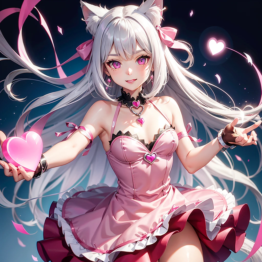Silver hair, pink eyes, body, cat ears, girl, earrings, heart background fantasy, princess, godly, hair bows, happy face, red dress