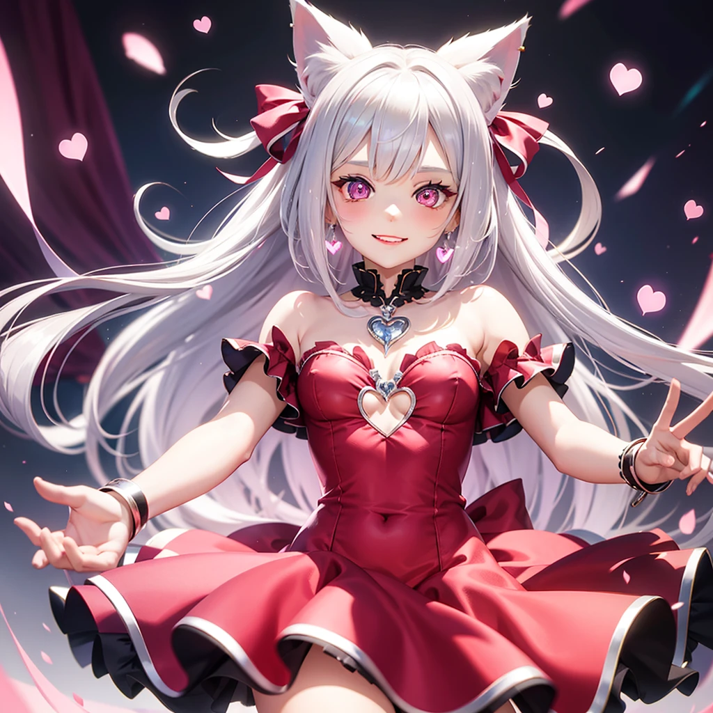 Silver hair, pink eyes, body, cat ears, girl, earrings, heart background fantasy, princess, godly, hair bows, happy face, red dress