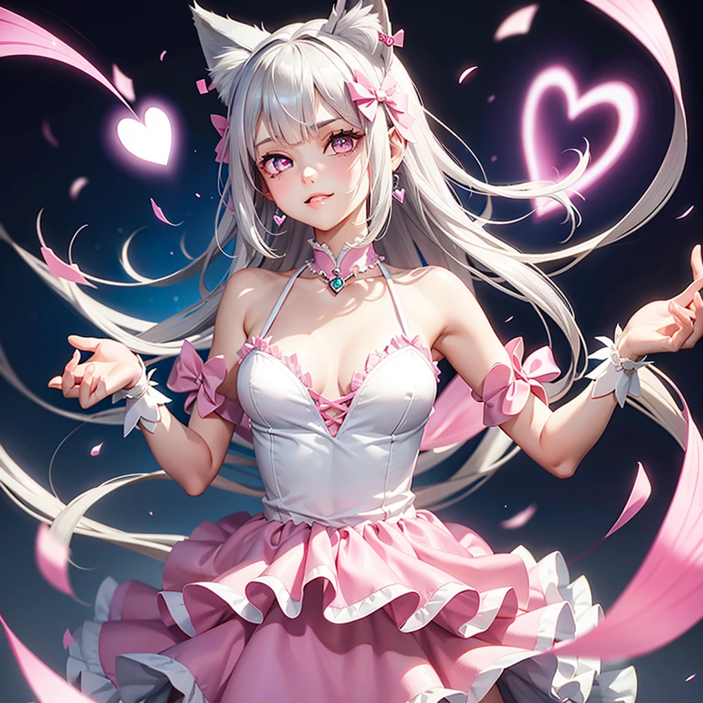 Silver hair, pink eyes, body, cat ears, girl, earrings, heart background fantasy, princess, godly, hair bows, happy face