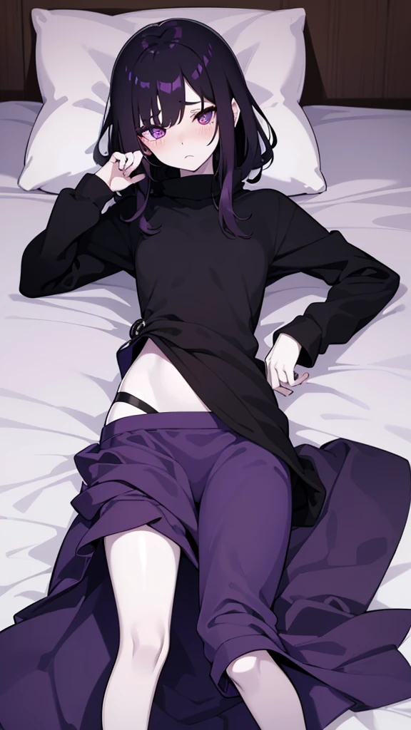 Teenage girl ((slim))((small stature)) ((White skin)) ((purple eyes)) ((black hair, long, emo on one eye)) ((Shy and blushing)) ((the plan)) ((small breasts)) ((small hips)) ((lying in bed with long, loose sweatshirt)) ((long skirt))