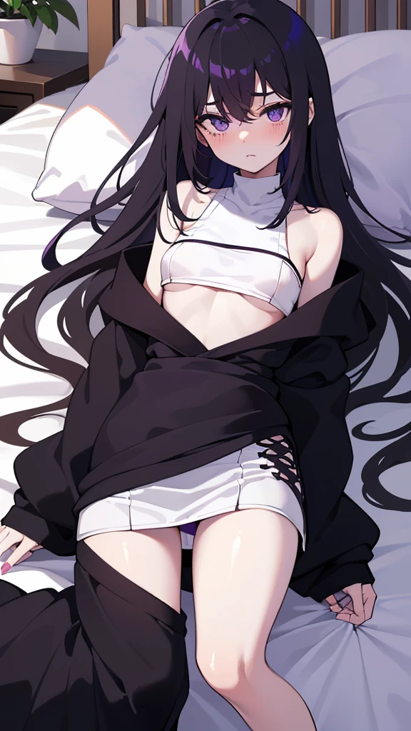 Teenage girl ((slim))((small stature)) ((White skin)) ((purple eyes)) ((black hair, long, emo on one eye)) ((Shy and blushing)) ((the plan)) ((small breasts)) ((small hips)) ((lying in bed with long, loose sweatshirt)) ((long skirt))