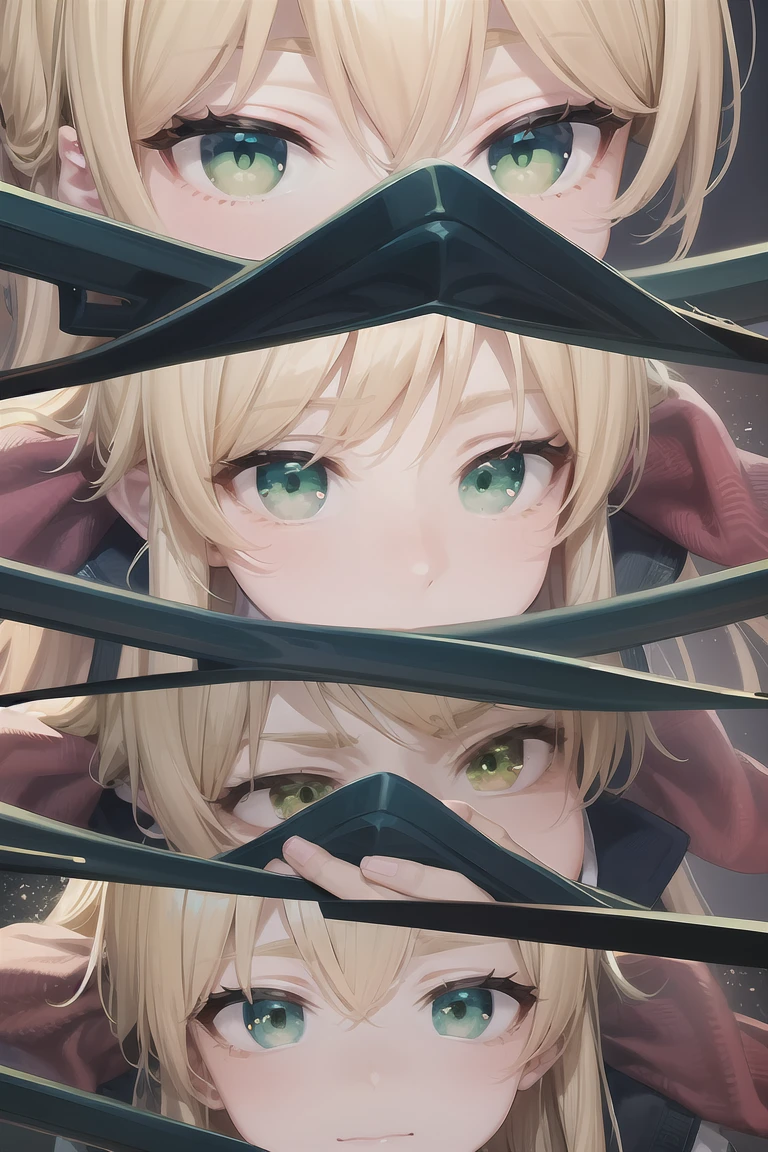 Blonde Hair, choker,(Green Eyes:1.5), Long Hair, high school student,Japanese school gym uniform,blush, blush stickers, Have,break looking at viewer, break outdoors, city, break (masterpiece:1.2), highest quality, High resolution, Unity 8k, (Beautiful fine details:1.6), Highly detailed face, Perfect lighting, Highly detailed CG, (Perfect hands, Perfect Anatomy),(Blush all over face, Embarrassing)