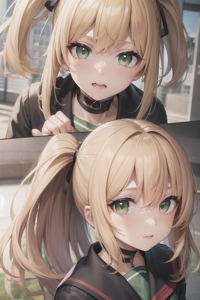 Blonde Hair, choker,(Green Eyes:1.5), Long Hair, high school student,Japanese school gym uniform,blush, blush stickers, Have,break looking at viewer, break outdoors, city, break (masterpiece:1.2), highest quality, High resolution, Unity 8k, (Beautiful fine details:1.6), Highly detailed face, Perfect lighting, Highly detailed CG, (Perfect hands, Perfect Anatomy),(Blush all over face, Embarrassing)
