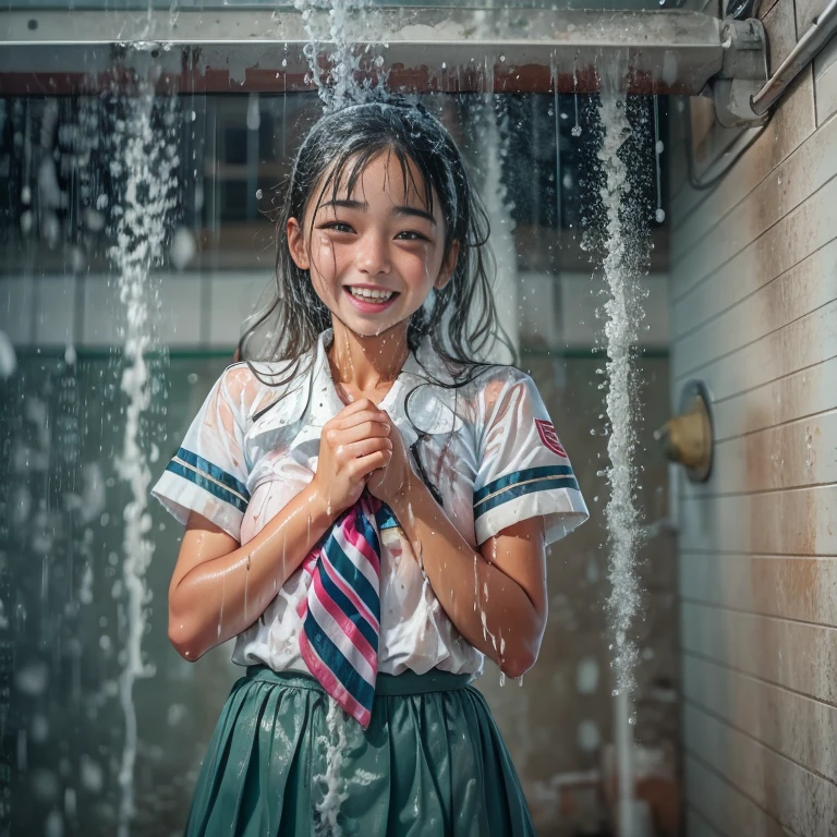 Woman showering in jk school girls uniform , soaked, wet clothes, dripping wet, smiling, looking at viewer