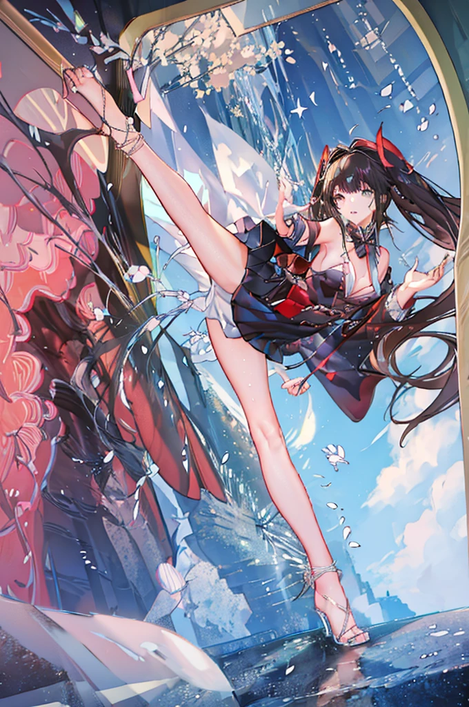 An illustration,masterpiece,girl,Bob Hair,Brown Hair,beautifuleye,Cleavage,Small breasts,(Sexy face),Cabaret Club,(VIP Room),hostess,Red backless dress,(Show me your back),(look back),Bare shoulders,((whole body:1.3)),((Black high heels:1.1)),茶色のeye,(small sparkly earrings),Close your mouth,{Depth of written border},(Particles of light:1.1).Photorealisticです、It is high resolution.、Gentle Light、1 Female、soloで、Hip Up、Glowing Skin、(A detailed face)、Hair with white waves、見る者を誘うeye、恋人eye線、inviting expression、Sexy smile、Perfection & Style、Perfect balance、Detailed skin、Naughty conflicts、I can see your chest、showing her：1.2、showing her：1.2、Horizontal feet、（At 32K、Live Shooting、Highest quality、workmanship：1.2)、(Spreading her legs wide、Spread your legs wide)、(Long twin tails)、Viewers are watching、前からeye線、Bullish、Erotic、Light blue bra、White skin、knees、(Beige pantyhose)、Absurd、Small Face、Bangs from center to center、The forehead is visible、(Embarrassed、skinny、)、workmanship、Highest quality、Ultra-high resolution、beautiful、beautiful、There is only one person、solo、Full Body、cute、Japanese women、Are standing、 （Photorealistic：1.37）、Photon interpretation、Realism、Young face、ブラウンeye、Black socks、(Red bow tie)、Radio City、Physical-based manners are cute、Maebo、Depth of written boundary、Body、Beautiful feet、Beautiful long legs、Slim legs、Tie your hair in one strand on your chest、(I can see the bangs)、lips、Blue_eye、Nose Soft、 (Shui Color)Shirt)、(Navy, blue and white checkered pleated skirt)