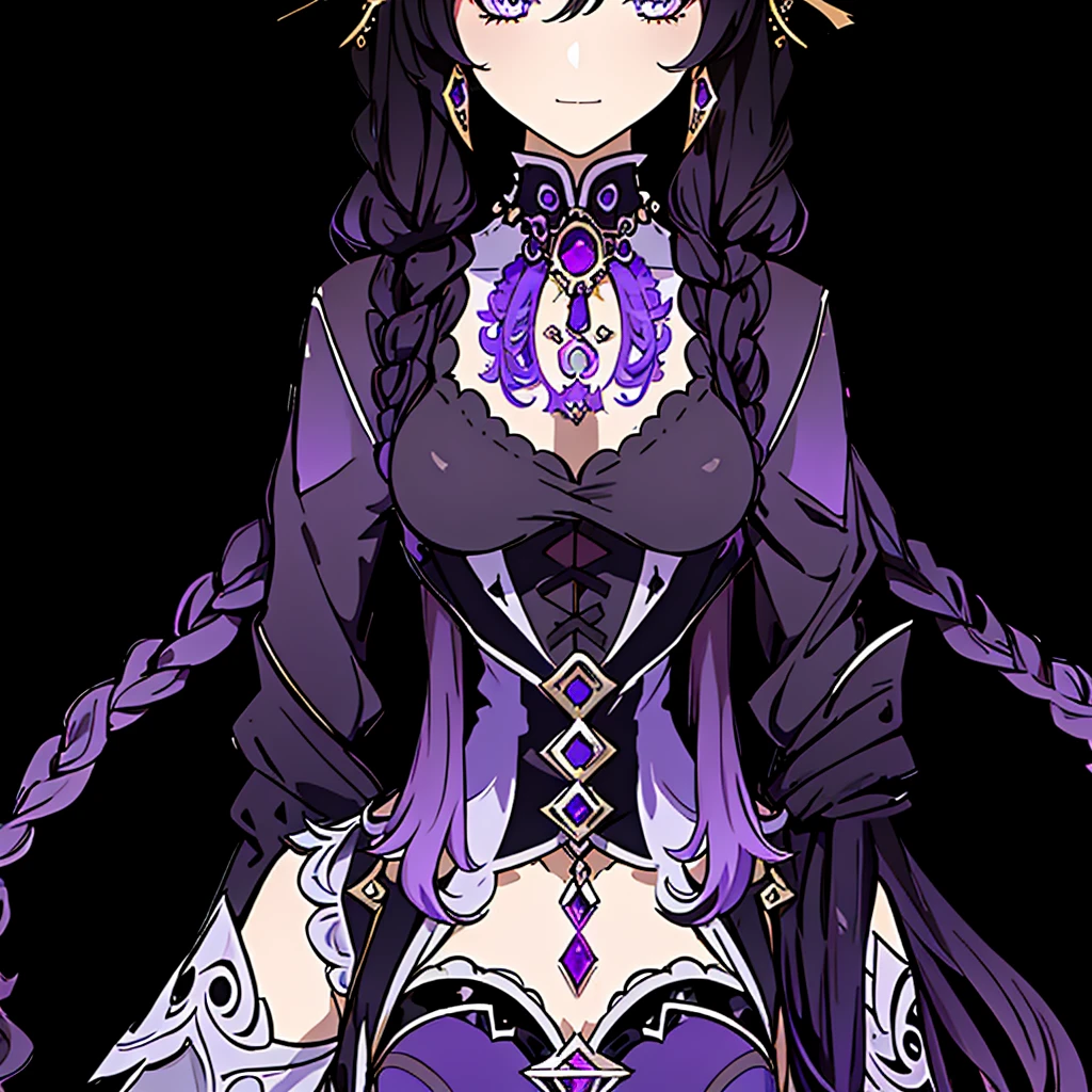 long gradient hair, black hair fading to purple, braids, a dress with a lace on it, astral witch clothes, intricate outfit, black and violet costume , outfit design, fantasy outfit, purple and black clothes, fantasy style clothing, anime set style, well - detailed outfit, witchcore clothes, fashionable rpg clothing, necklace, close up, young adult, fighting clothes, combat clothes, 1girl
