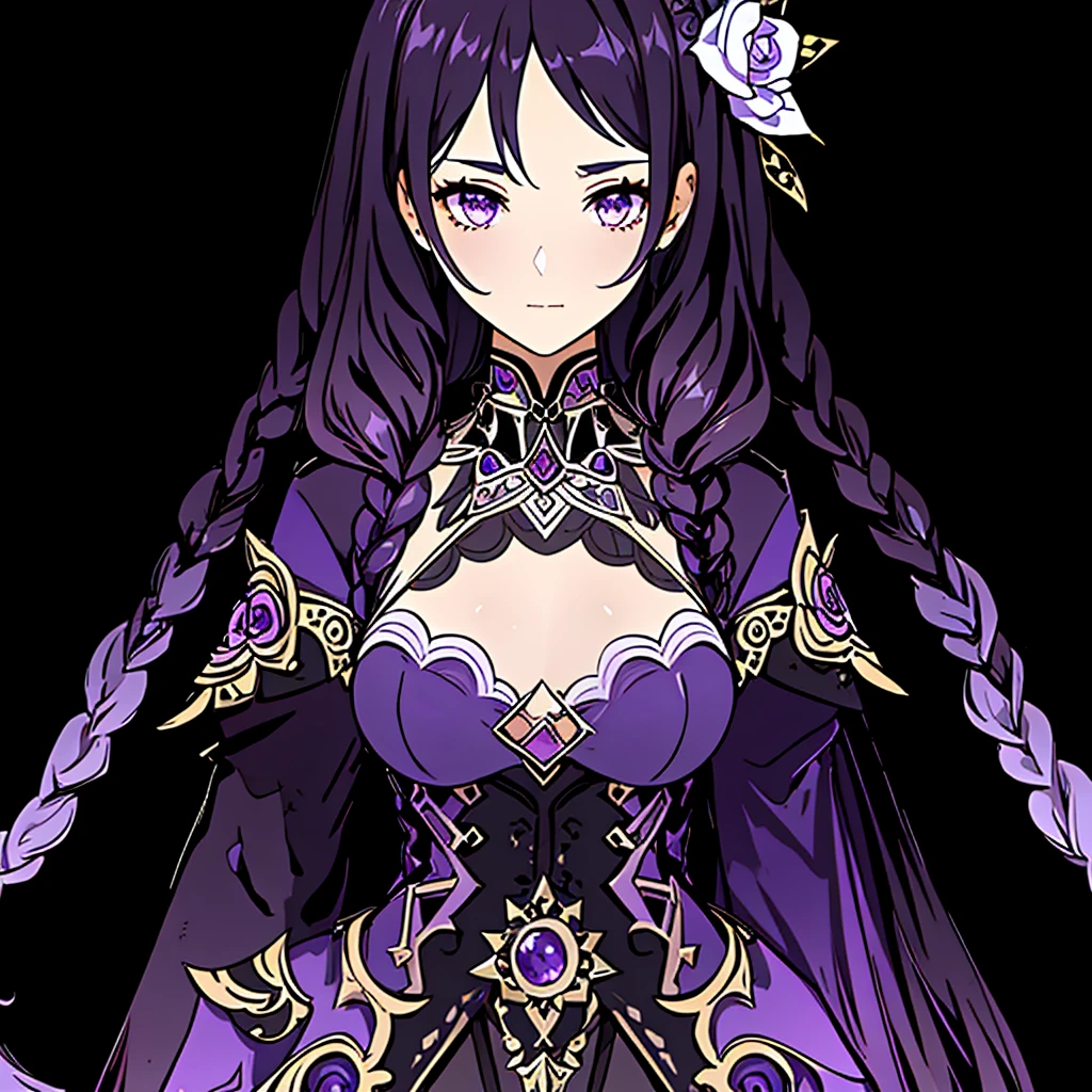 long gradient hair, black hair fading to purple, braids, a dress with a lace on it, astral witch clothes, intricate outfit, black and violet costume , outfit design, fantasy outfit, purple and black clothes, fantasy style clothing, anime set style, well - detailed outfit, witchcore clothes, fashionable rpg clothing, necklace, close up, young adult, fighting clothes, combat clothes, 1girl