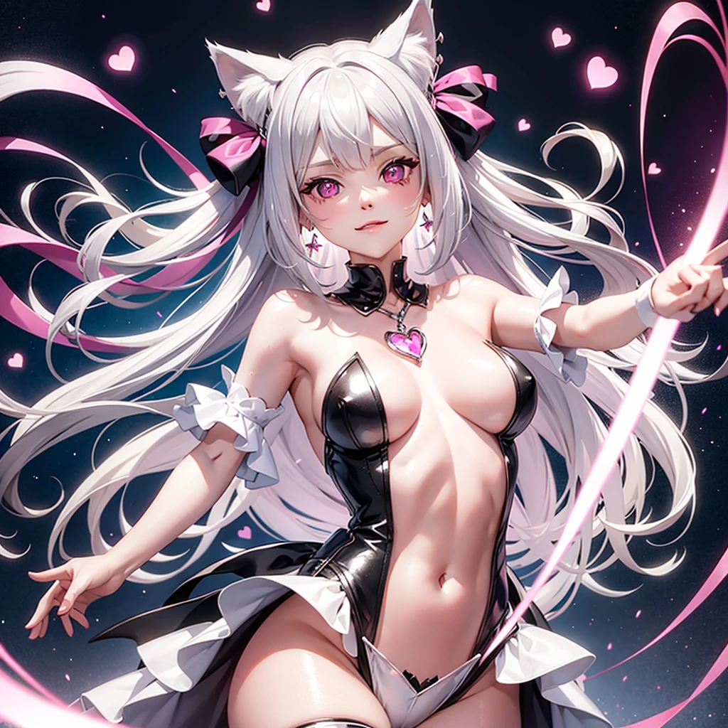 Silver hair, pink eyes, body, cat ears, girl, earrings, heart background fantasy, princess, godly, hair bows, happy face