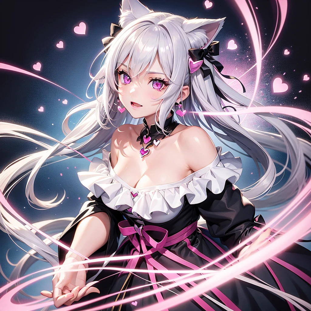 Silver hair, pink eyes, body, cat ears, girl, earrings, heart background fantasy, princess, godly, hair bows, happy face