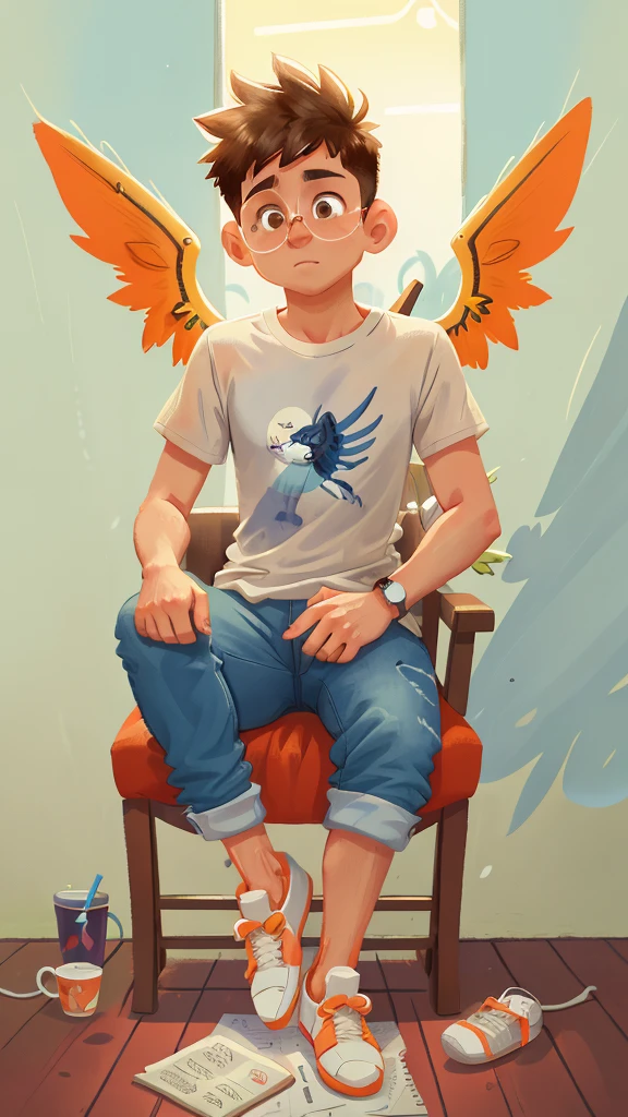 Create a 3D illusion for a profile picture where a 25 Year old cute boy in a white shirt Sitting casually on a Wingback Lamborghini. Wearing sneakers, glasses, he looks ahead. The background features “RAJAN” in big and capital Orange neon light fonts on the dark grey wall. There should not be his shadow, and there are wings to make it appear as if he is an angel