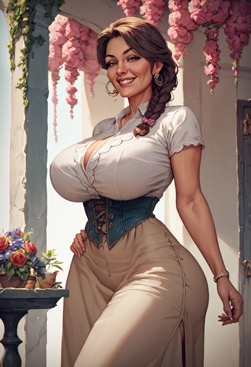 score_9, score_8_up, score_7_up, 1girl, solo, masterpiece, best quality, detailed, narrow waist, wide hips, huge breasts, huge ass, smug, milf, braid