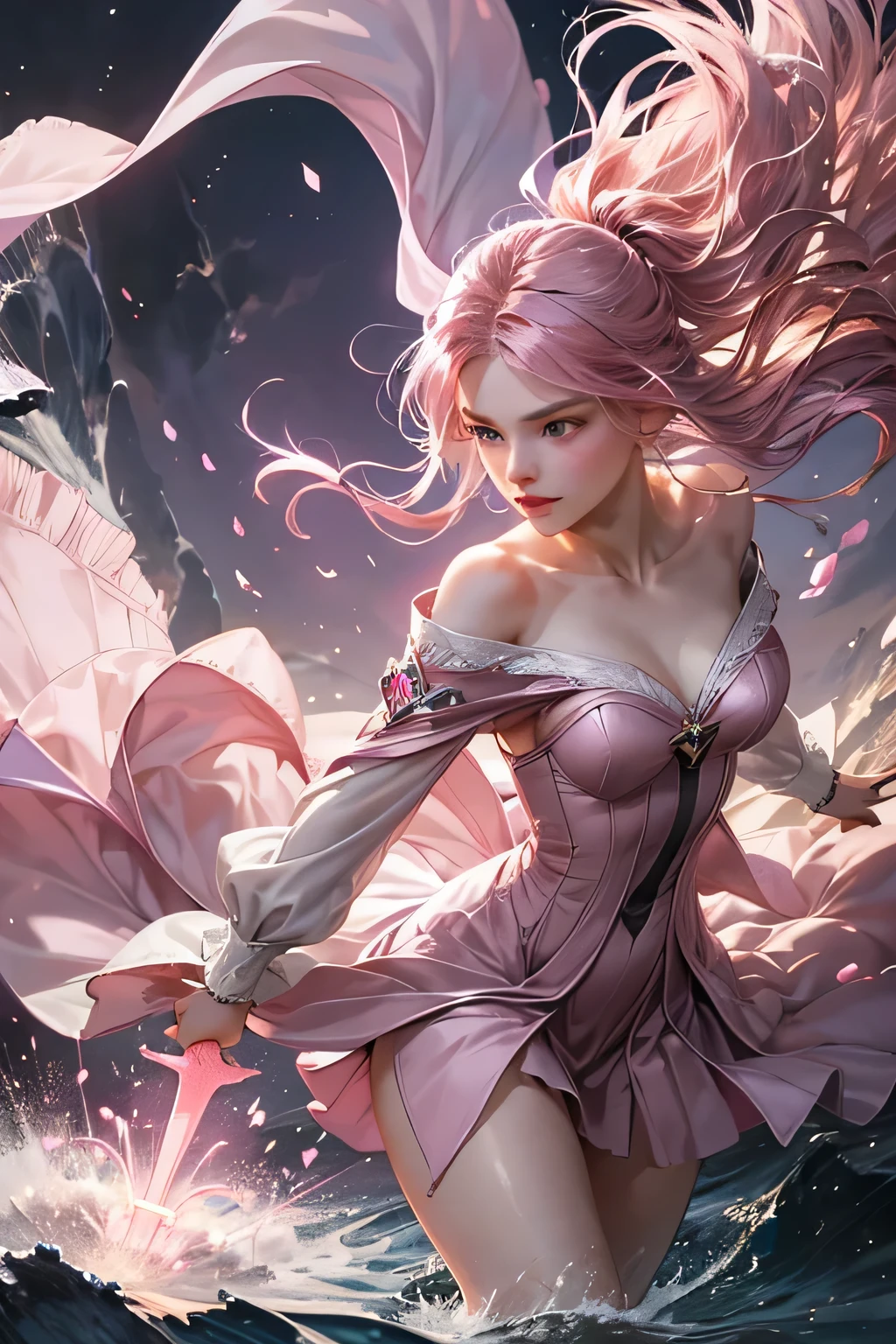 "Create an ultra-realistic image of a stunning 18-year-old girl holding an air magical staff that exudes the energy of the wind and sky. She should be dressed in a sophisticated, ((((((dark pink)))))) shaded outfit that contrasts beautifully with her airy element. Depict her surrounded by elements of air, such as swirling breezes, floating feathers, and gentle currents, to highlight her command over this element. Include a distinct air symbol on her body, signifying her role as the keeper of air and illustrating the powerful, ethereal energy of air she holds within her."