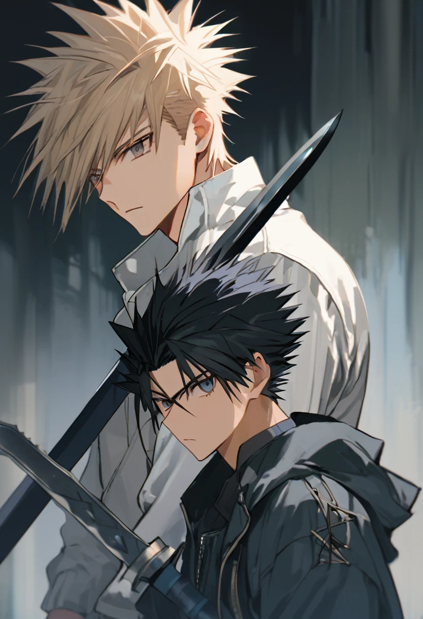 looking at viewer, holding a dagger, boy, 1boy, tired eyes, Spiky hair