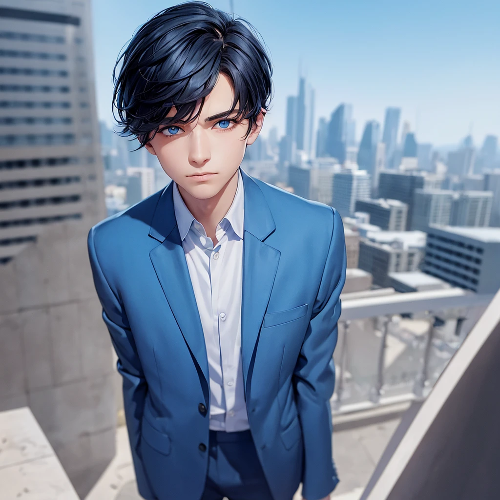 1boy, short black hair, light blue eyes, wearing all blue suits, on top of a building, high res, ultrasharp, 8k, masterpiece, looking from behind