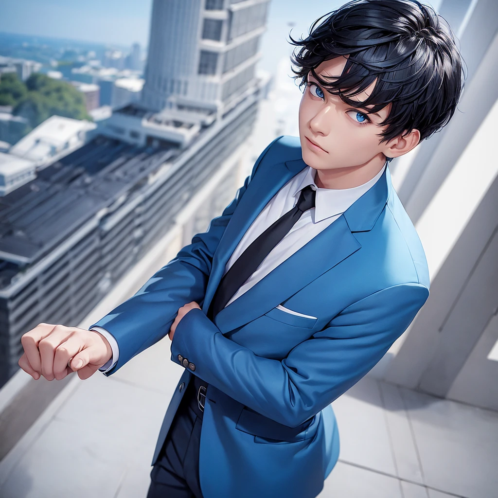 1boy, short black hair, light blue eyes, wearing all blue suits, on top of a building, high res, ultrasharp, 8k, masterpiece, looking from behind