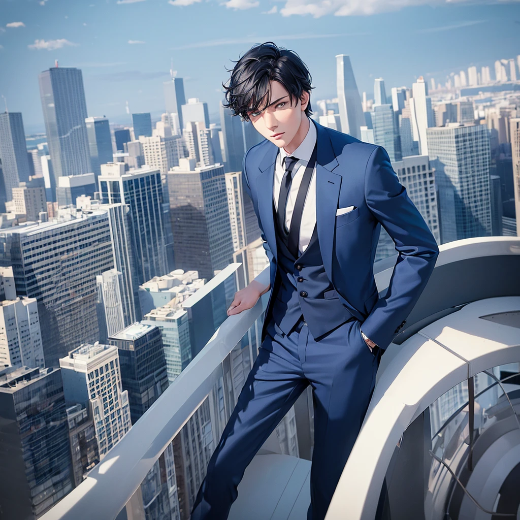 1boy, short black hair, light blue eyes, wearing all blue suits, on top of a building, high res, ultrasharp, 8k, masterpiece, looking from behind