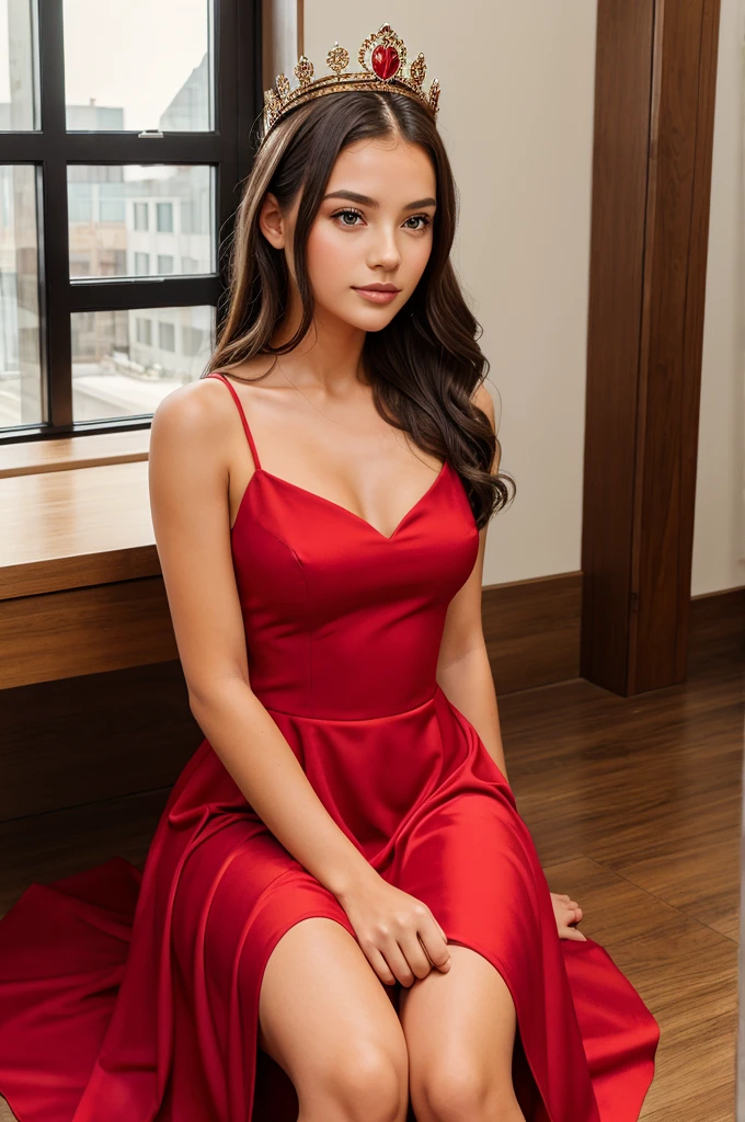 A girl wearing a crown and sitting in a red dress 