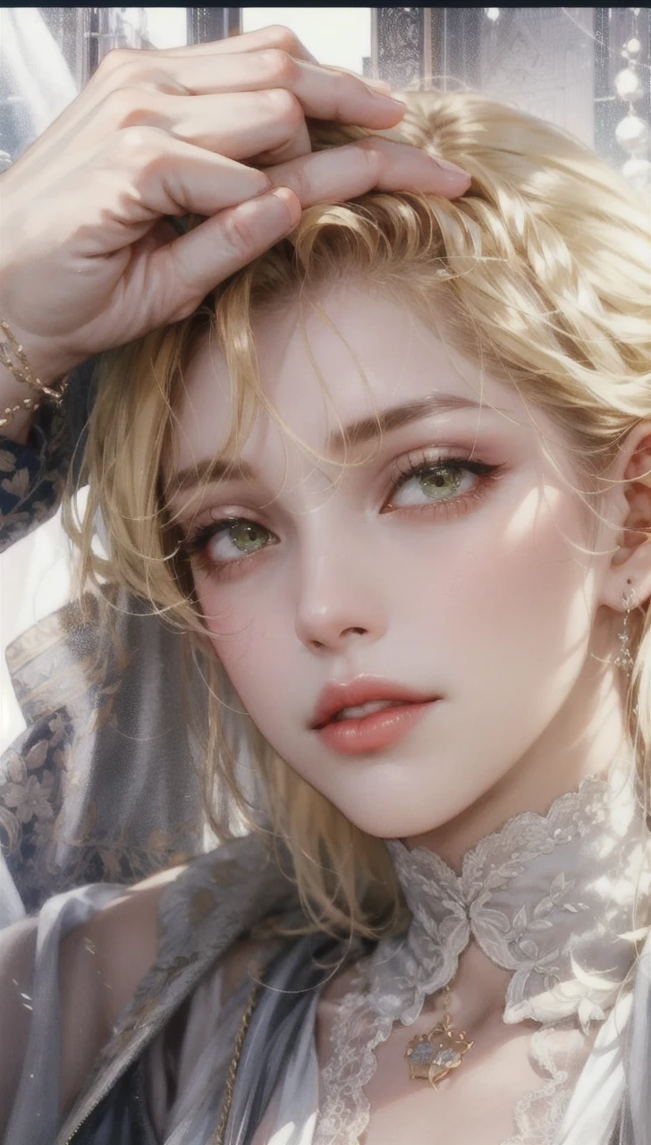 A stunningly lifelike portrait captures a 26-year-old man with green eyes and handsome European features. Man wearing light gray clothes, mans hair are shiny, healthy and volumous. Mans eyes are shiny green color,
