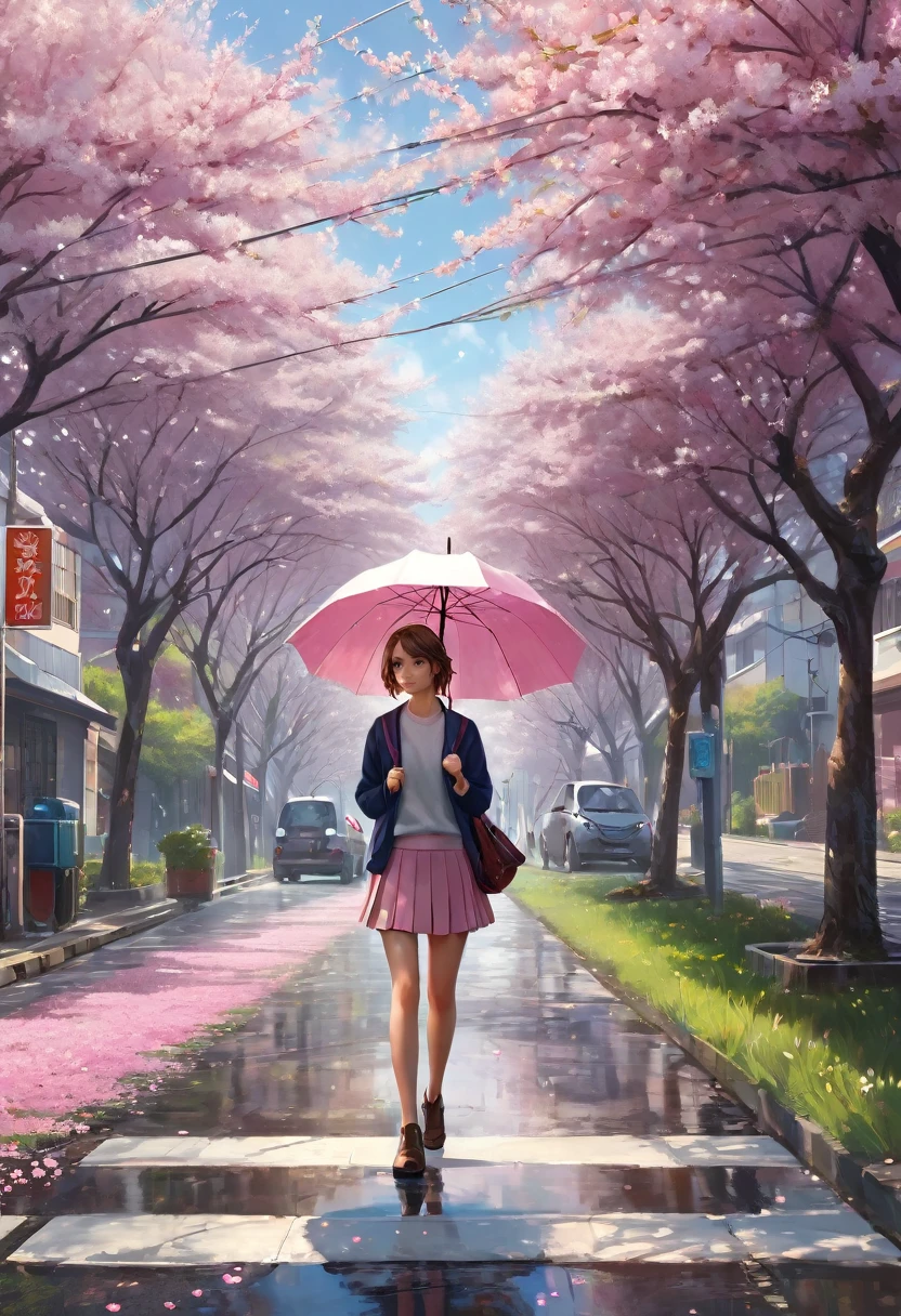 (Extremely detailed CG unity 8k wallpaper), Wide Angle, 1 girl holding an umbrella, Solitary, Walking in the middle of the road, Pink cherry blossom trees on the roadside, whole body, sweater, Short skirt, Fashion, Professional oil painting, complex, High Detail, Clear focus, dramatic, Realistic Art
