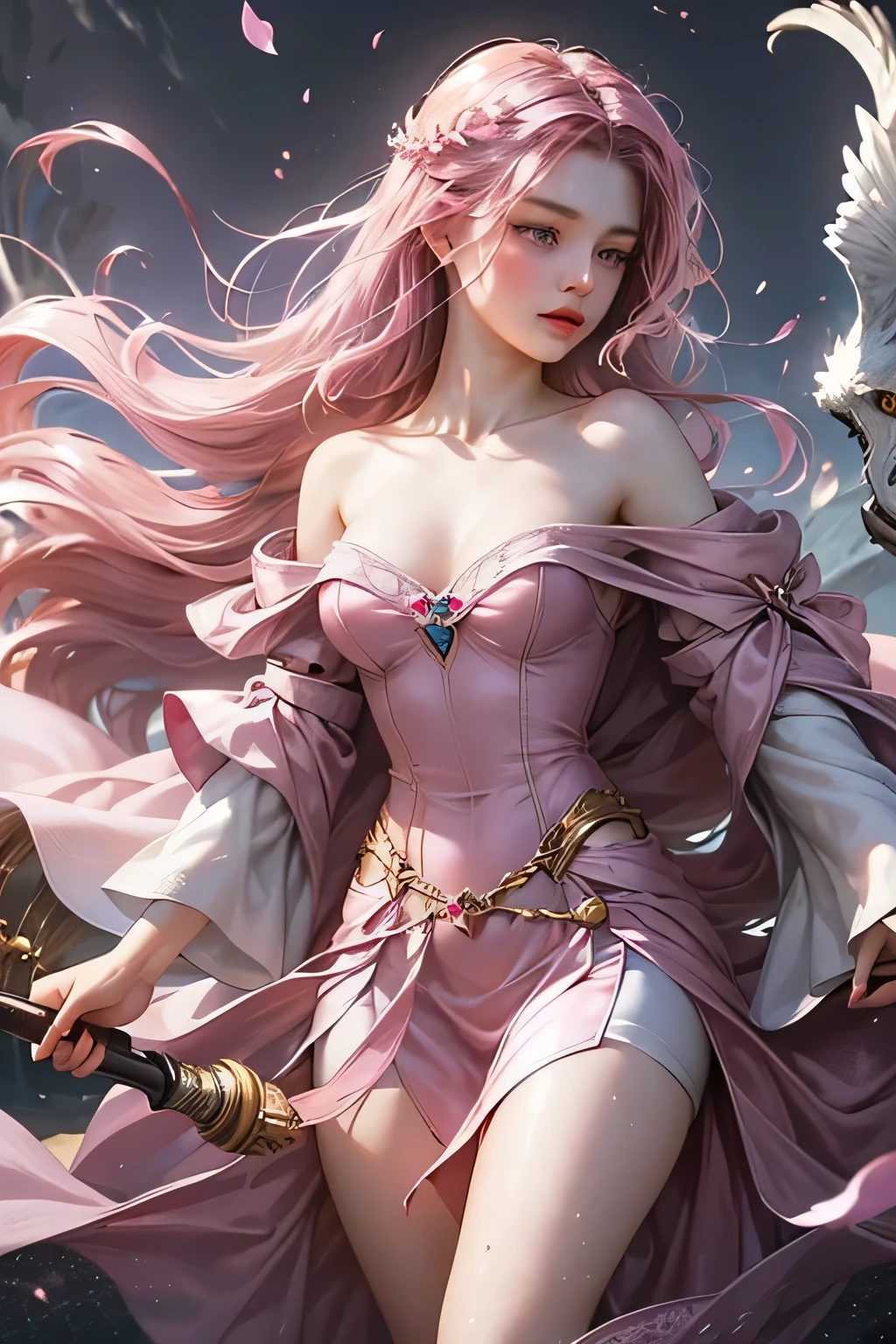 "Create an ultra-realistic image of a stunning 18-year-old girl holding an air magical staff that exudes the energy of the wind and sky. She should be dressed in a sophisticated, ((((((dark pink)))))) shaded outfit that contrasts beautifully with her airy element. Depict her surrounded by elements of air, such as swirling breezes, floating feathers, and gentle currents, to highlight her command over this element. Include a distinct air symbol on her body, signifying her role as the keeper of air and illustrating the powerful, ethereal energy of air she holds within her."