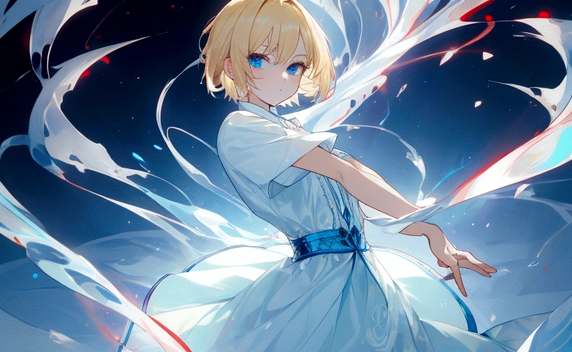 A blonde with short hair, easy-to-move-in clothes, a red aura around her, and light blue eyes.