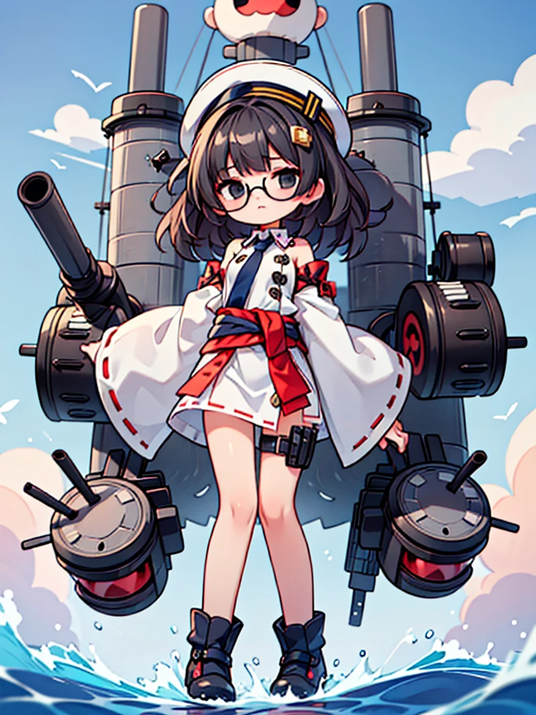 ((((Full body of a woman with perfect flat chest、solo、Short unkempt black hair、Tie your messy hair at the nape of your neck、white military jacket、Miko costume、tights、Black glasses、White military cap、Cloudy black eyes、Sleepy expression、Falcon Hair Accessories、Eagle hair accessory)))), (((masterpiece))), (((Shipgirl))), ((Floating on the morning sea with both feet)), (Spread your legs wide open), (Hold the turret with your right hand), (Mechanical arms extending from the waist are used to equip the ship with battleship equipment.), (Equipped with a turret on the back), (Holds the turret with his left arm), Shotgun shells are attached to the thigh with a belt, Spreading the Machine's Wings, Machine tail, shotgun,